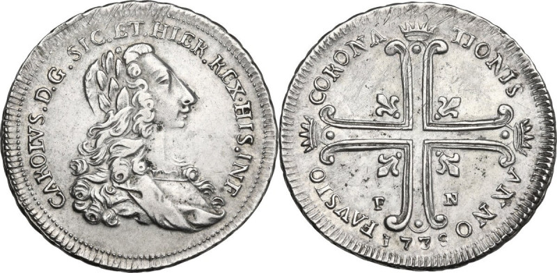 Palermo. Carlo di Borbone (1734-1759). Da 6 Tarì 1735. D/ Busto con lunga capigl...