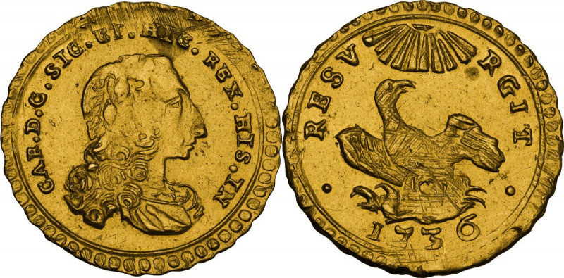 Palermo. Carlo di Borbone (1734-1759). Oncia 1736. D/ Busto del Re con lunga cap...