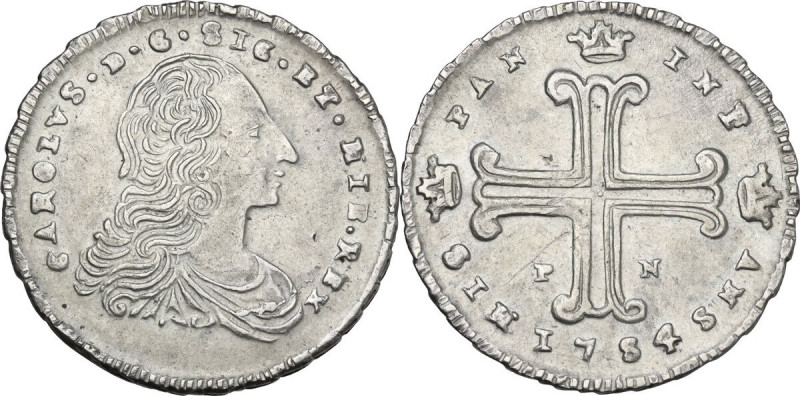 Palermo. Carlo di Borbone (1734-1759). Da 3 tarì 1754. D/ Busto con lunga capigl...