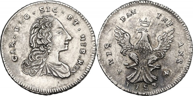 Palermo. Carlo di Borbone (1734-1759). Da 2 Tarì 1755. D/ Busto con lunga capigl...