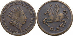 Palermo. Ferdinando III di Borbone (1759-1816). Da 2 grani 1815. D/ Testa coronata volta a destra. R/ Pegaso in volo verso sinistra; in alto le sigle ...