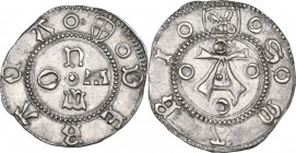 Recanati. Anonime attribuite a Niccolò V (1447-1455). Bolognino. D/ Le lettere (RECA) n E T O disposte a croce attorno a borchia. R/ Grande A accostat...