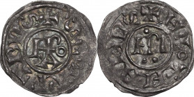 Roma. Leo IV (847-855) con Lotario I. Denaro antiquiore. D/ Nome del Pontefice in monogramma. R/ IMP in monogramma fra tre globetti, uno in alto e due...
