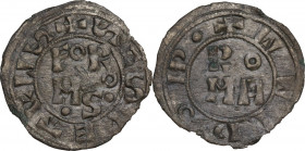 Roma. Formoso (891-896) con Guido di Spoleto (891-894). Denaro antiquiore. D/ Il nome del Pontefice su tre righe. R/ ROMA su due righe. CNI 9; M. 2; B...