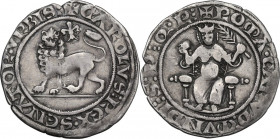 Roma. Senato Romano. Carlo I d'Angiò (1268-1278) II senatoriato. Grosso rinforzato. D/ Leone gradiente a sinistra con testa di fronte. R/ Roma seduta ...