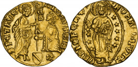 Roma. Senato Romano (1184-1439). Ducato. D/ San Pietro nimbato, stante a sinistra, porge il vessillo al Senatore genuflesso; lungo l’asta, SEN; in bas...