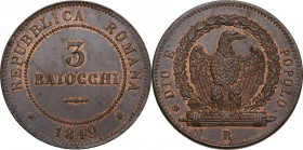 Roma. Repubblica Romana (1849). 3 baiocchi 1849. D/ 3 / BAIOCCHI. R/ Aquila stante di fronte su fascio con testa a destra entro corona d'alloro. CNI 6...