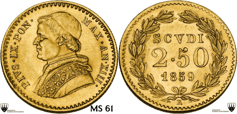 Roma. Pio IX (1846-1878), Giovanni Mastai Ferretti. 2,50 scudi 1859 A. XIII. D/ ...