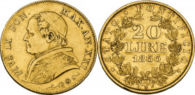 Roma. Pio IX (1846-1878), Giovanni Mastai Ferretti. 20 lire 1866 A. XXI. D/ Busto a sinistra con zucchetto mozzetta e stola; sotto, rosetta tra decora...