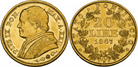 Roma. Pio IX (1846-1878), Giovanni Mastai Ferretti. 20 lire 1867 A. XXII. D/ Busto a sinistra con zucchetto, mozzetta e stola; sotto, rosetta tra deco...