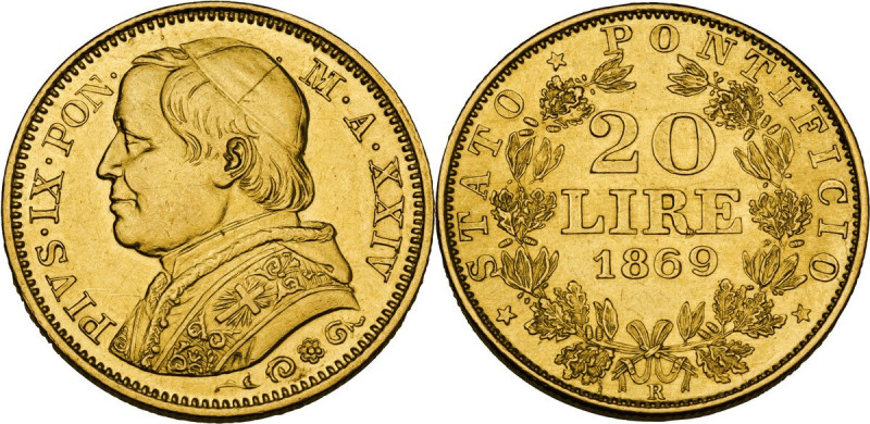 Roma. Pio IX (1846-1878), Giovanni Mastai Ferretti. 20 lire 1869 A. XXIV. D/ Bus...