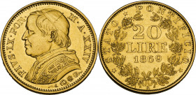 Roma. Pio IX (1846-1878), Giovanni Mastai Ferretti. 20 lire 1869 A. XXIV. D/ Busto a sinistra con zucchetto, mozzetta e stola; sotto, rosetta tra deco...