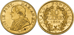 Roma. Pio IX (1846-1878), Giovanni Mastai Ferretti. 10 lire 1866 A. XXI. D/ Busto a sinistra con zucchetto mozzetta e stola; sotto, rosetta tra decora...