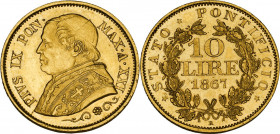 Roma. Pio IX (1846-1878), Giovanni Mastai Ferretti. 10 lire 1867 A. XXI. D/ Busto a sinistra con zucchetto mozzetta e stola; sotto, rosetta tra decora...