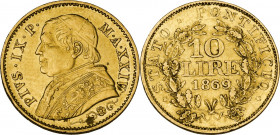 Roma. Pio IX (1846-1878), Giovanni Mastai Ferretti. 10 lire 1869 A. XXIV. D/ Busto a sinistra con zucchetto mozzetta e stola; sotto, rosetta tra decor...