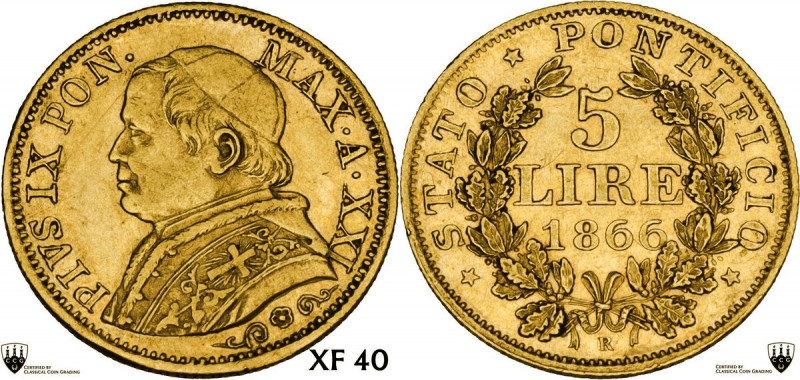 Roma. Pio IX (1846-1878), Giovanni Mastai Ferretti. 5 lire 1866 A. XXI. D/ Busto...