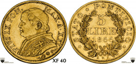 Roma. Pio IX (1846-1878), Giovanni Mastai Ferretti. 5 lire 1866 A. XXI. D/ Busto a sinistra con zucchetto mozzetta e stola; sotto, rosetta tra decoraz...