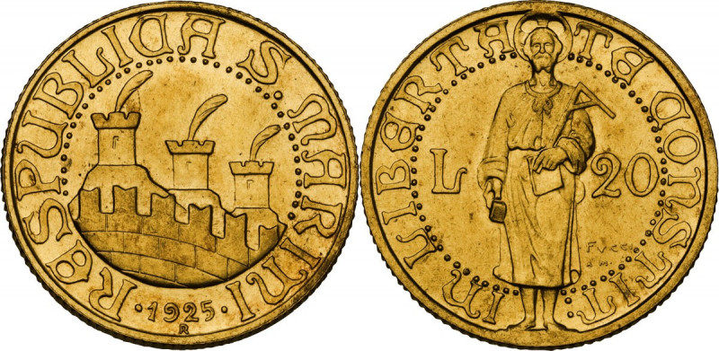 San Marino. Vecchia Monetazione (1864-1938). 20 lire 1925. D/ Tre torri piumate ...