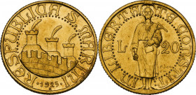 San Marino. Vecchia Monetazione (1864-1938). 20 lire 1925. D/ Tre torri piumate e cinta merlata. R/ San Marino in piedi frontale, con squadra, martell...
