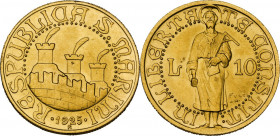 San Marino. Vecchia Monetazione (1864-1938). 10 lire 1925. D/ Tre torri piumate e cinta merlata. R/ San Marino in piedi frontale, con squadra, martell...