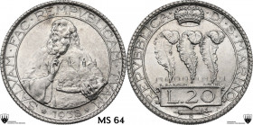San Marino. Vecchia Monetazione (1864-1938). 20 lire 1938. D/ San Marino con il monte Titano tra le mani volto a sinistra. R/ Tre grandi penne che si ...