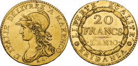 Torino. Repubblica Subalpina (1800-1802). 20 franchi 1802 AN 10. D/ Busto di Minerva elmata e laureata a volto a sinistra. R/ 20 / FRANCS / L' AN 10 e...