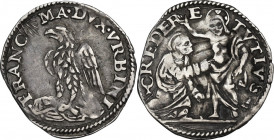 Urbino. Francesco Maria I della Rovere (1508-1516 e 1521-1538). Due terzi di grosso. D/ Aquila stante a sinistra sopra sarmenti illuminata da raggi di...