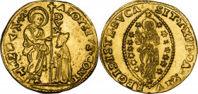 Venezia. Alvise Contarini (1676-1684). Zecchino. D/ San Marco nimbato, stante a sinistra, porge il vessillo al Doge genuflesso; lungo l’asta, DVX. R/ ...