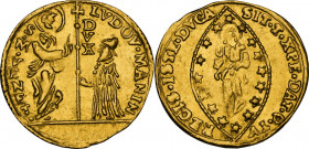 Venezia. Ludovico Manin (1789-1797). Zecchino. D/ San Marco nimbato, stante a sinistra, porge il vessillo al Doge genuflesso; lungo l’asta, DVX. R/ Il...