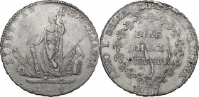 Venezia. Governo Provvisorio (1797-1798). 10 Lire 1797, 2° tipo. D/ La Libertà in piedi a sinistra, tiene asta sormontata da berretto frigio e si appo...