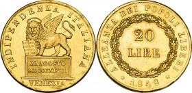 Venezia. Governo Provvisorio (1848). 20 lire 1848. D/ Leone di Venezia alato e nimbato verso sinistra volto di prospetto sopra a piedistallo, tiene co...