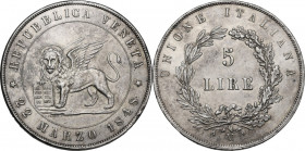 Venezia. Governo Provvisorio (1848). 5 Lire 1848. D/ Leone di Venezia alato e nimbato verso sinistra volto di prospetto, tiene con la zampa anteriore ...