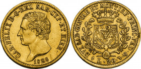 Carlo Felice (1821-1831). 20 lire 1828 Genova. Pag. 56; MIR (Savoia) 1034l. AU. 21.00 mm. qFDC/SPL.