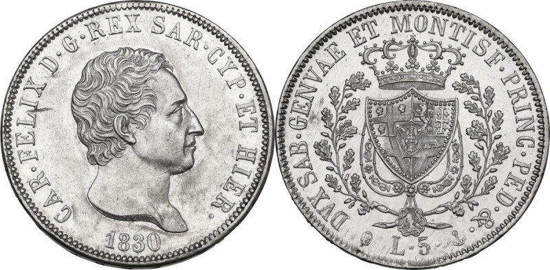 Carlo Felice (1821-1831). 5 lire 1830 Genova. Pag. 78; Mont. 71. AG. 37.00 mm. C...