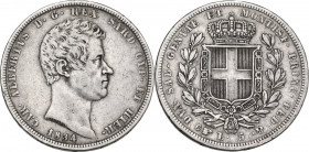 Carlo Alberto (1831-1849). 5 lire 1834 Torino. Pag. 236; MIR (Savoia) 1047k. AG. 37.00 mm. BB.