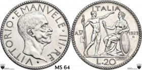 Vittorio Emanuele III (1900-1943). 20 lire 1927 A. V. Pag. 671; Mont. 64. AG. 15.00 g. 35.00 mm. RRR. Eccezionale esemplare d\' altissima qualità. FDC...