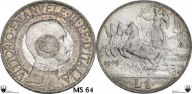 Vittorio Emanuele III (1900-1943). Lira 1909. Pag. 769; Mont. 195. AG. 5.00 g. 23.00 mm. Qualità eccezionale. Patina non omogenea. FDC. Grading CCG MS...