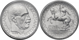 Vittorio Emanuele III (1900-1943). Buono da 2 lire 1928 PROVA Esposizione Fiera Milano. Mont. 05. AL. 29.50 mm. RR. Sigillata Cavaliere (FDC). qFDC.