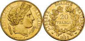 France. Second Republic (1848-1851). 20 francs 1850 A, Paris mint. Gad. 1059; Fried. 566. AV. 21.00 mm. AU/MS.