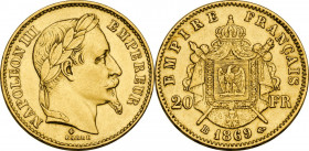 France. Napoleon III (1852-1870). 20 francs 1869 BB, Strasbourg mint. Gad. 1062; Fried. 585. AV. 21.00 mm. AU.