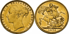 Great Britain. Victoria (1837-1901). Sovereign 1876. Seaby 3856A; Fried. 388. AV. 22.00 mm. Insignificant bumps on the edge. Lustrous. AU/MS.