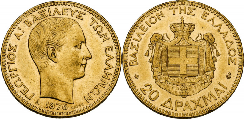 Greece. George I (1863-1913). 20 drachmai 1876. Fried. 15. AV. 6.45 g. 21.00 mm....