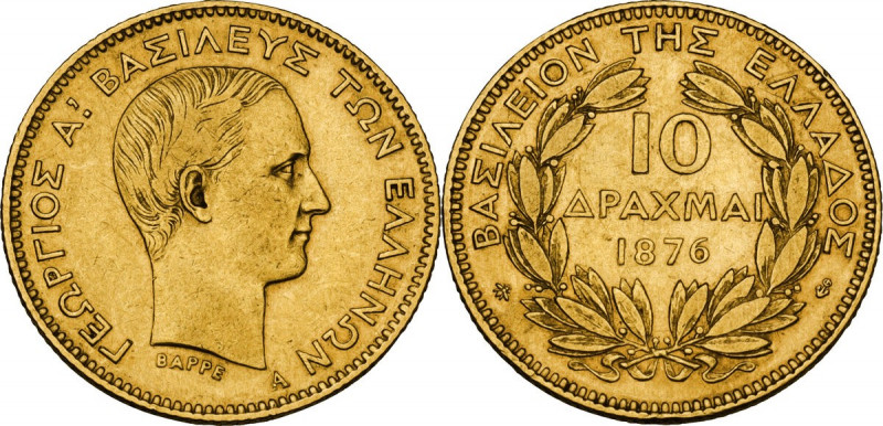 Greece. George I (1863-1913). 10 drachmai 1876. Fried. 16. AV. 3.20 g. 19.00 mm....