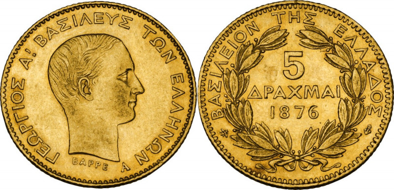 Greece. George I (1863-1913). 5 drachmai 1876. Fried. 17. AV. 1.60 g. 17.00 mm. ...