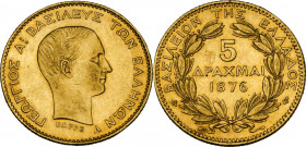 Greece. George I (1863-1913). 5 drachmai 1876. Fried. 17. AV. 1.60 g. 17.00 mm. RR. Very rare. Minting defect on reverse. AU.