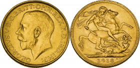 India. George V (1910-1936). Sovereign 1918 I, Bombay mint. Fried. 1609. AU. 7.98 g. 22.00 mm. R. EF.