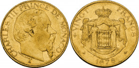 Monaco, Principality of. Charles III (1856-1889). 20 francs 1878 A, Paris mint. Gad. 12; Fried. 12. AV. 21.00 mm. VF/XF.