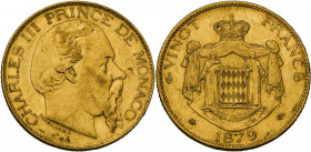 Monaco, Principality of. Charles III (1856-1889). 20 francs 1879 A, Paris mint. Gad. MC120; Fried. 12. AV. 6.45 g. 21.00 mm. VF/XF.