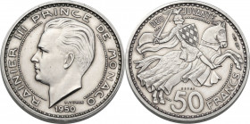 Monaco, Principality of. Rainier III (1949-2005). 100 francs 1950 ESSAI PIEDFORT. Gad. MC142. AR. 30.00 g. 30.00 mm. RR. 450 specimens minted. AU/MS.