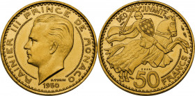 Monaco, Principality of. Rainier III (1949-2005). 50 francs 1950 ESSAI. Gad. MC141; Fried. 25. AV. 20.48 g. 27.00 mm. RR. Two insignificant edge nicks...
